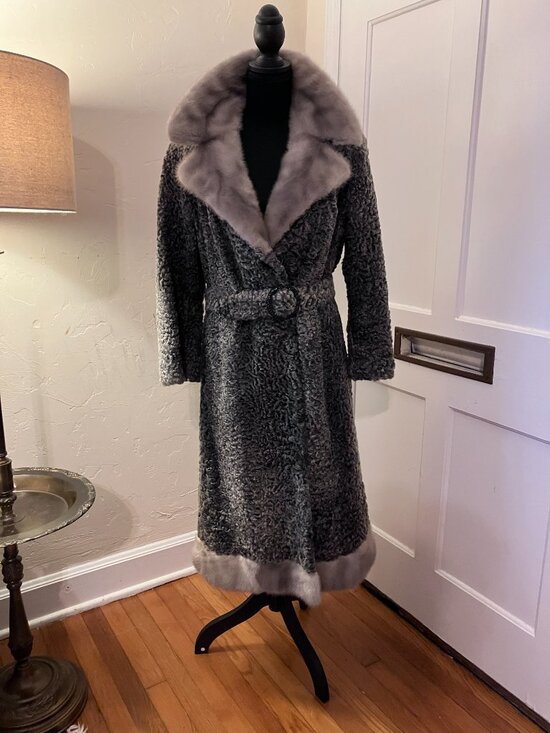 FURS by Cotsonos Jackets & Blazers - Vintage Furs by Cotsonas Grey Curly Lamb Princess Coat with Silver Mink Trim